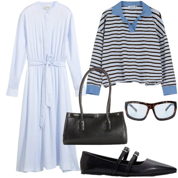 Outfit donna - Chic in ufficio. Stile Chic per Ufficio. Abbinamento con ballerine, borse a mano, vestiti chemisier, maglieria, occhiali da sole.