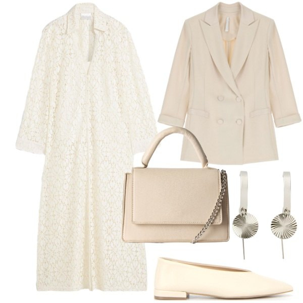 Outfit donna - Cerimonia a settembre. Stile Chic per Cerimonia. Abbinamento con vestiti chemisier, orecchini, borse a tracolla, blazer, ballerine.