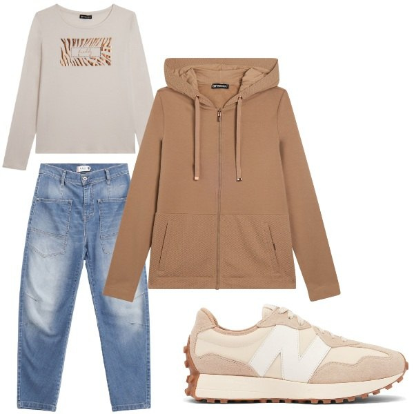 Outfit donna - i jeans comodi. Stile Casual per Scuola/Università. Abbinamento con sneakers, jeans, felpe con cappuccio, t-shirt.