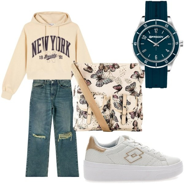 Outfit donna - a scuola. Stile Casual per Scuola/Università. Abbinamento con borse a tracolla, jeans strappati, felpe con cappuccio, orologi, sneakers.