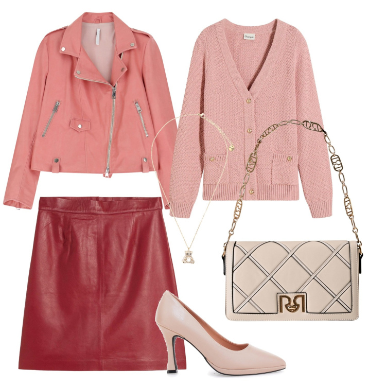 Outfit donna - Total look #2239668. Stile Chic per Ufficio. Abbinamento con minigonne, cardigans, borse a tracolla, giacche, ciondoli, décolleté.