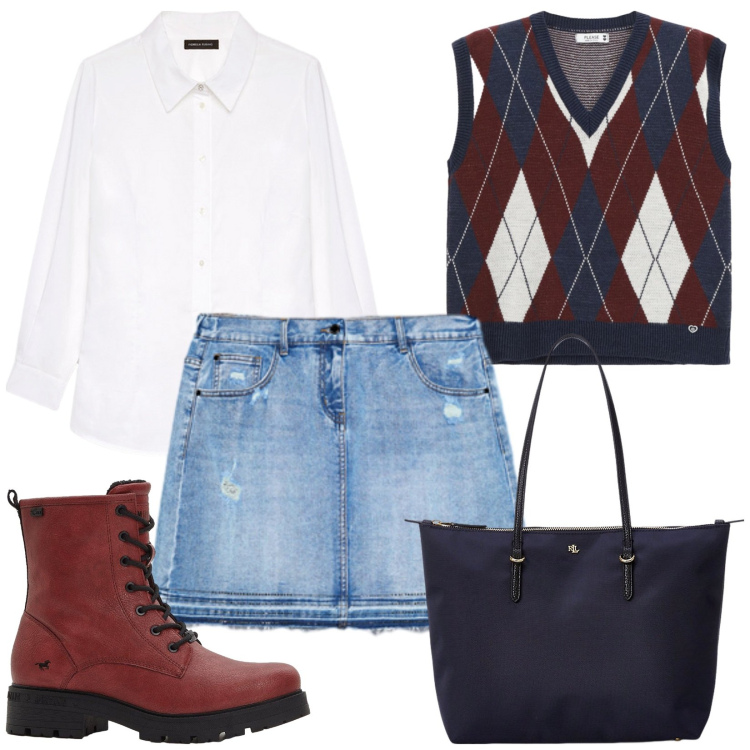 Outfit donna - Back to tartan. Stile Preppy per Scuola/Università. Abbinamento con stivaletti, gilet, borse tote, minigonne, camicie.