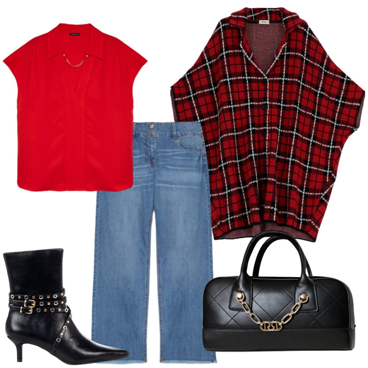 Outfit donna - Spolverino a quadri. Stile Trendy per Ufficio. Abbinamento con stivaletti, borse a mano, trench, bluse, jeans.