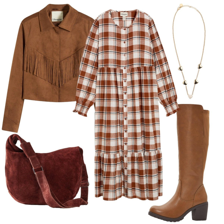 Outfit donna - Il vestito a quadretti. Stile Boho per Tutti i giorni. Abbinamento con stivali, blazer, vestiti midi/longuette, borse a mano, collane.
