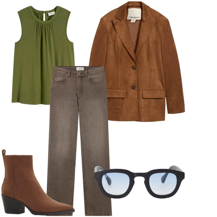 Outfit donna - Forest Mist. Stile Minimal per Tutti i giorni. Abbinamento con stivaletti texani, blazer, top, jeans bootcut, occhiali da sole.