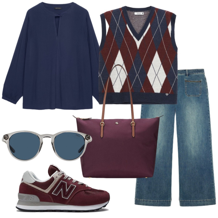 Outfit donna - Il gilet coi rombi. Stile Trendy per Scuola/Università. Abbinamento con sneakers, gilet, occhiali da sole, borse tote, bluse, jeans.