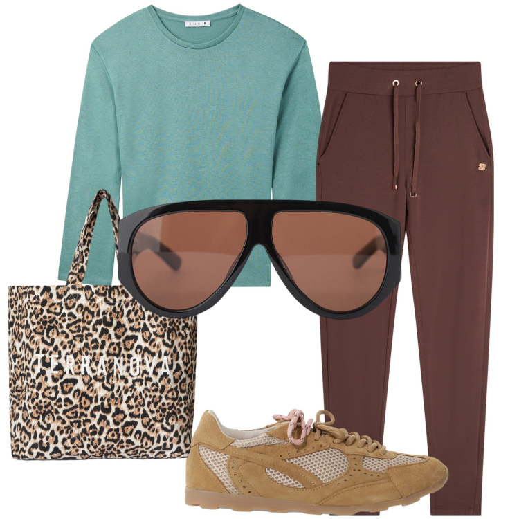 Outfit donna - Cozy. Stile Urban per Tutti i giorni. Abbinamento con maglieria, borse tote, occhiali da sole, pantaloni, sneakers.