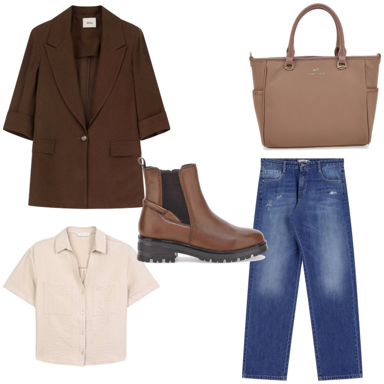 Outfit donna - Casual fall outfit. Stile Casual per Tutti i giorni. Abbinamento con camicie a manica corta, jeans dritti, blazer, stivaletti chelsea, borse a tracolla.
