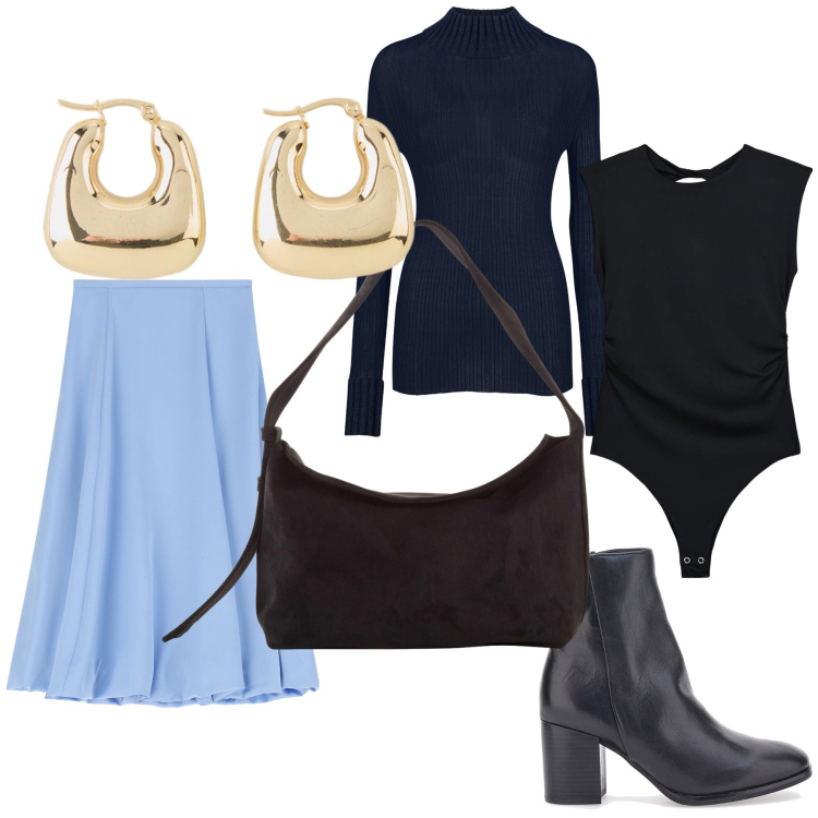 Outfit donna - La gonna color cielo. Stile Bon Ton per Tutti i giorni. Abbinamento con orecchini, borse a mano, body, gonne longuette, maglieria, stivaletti.