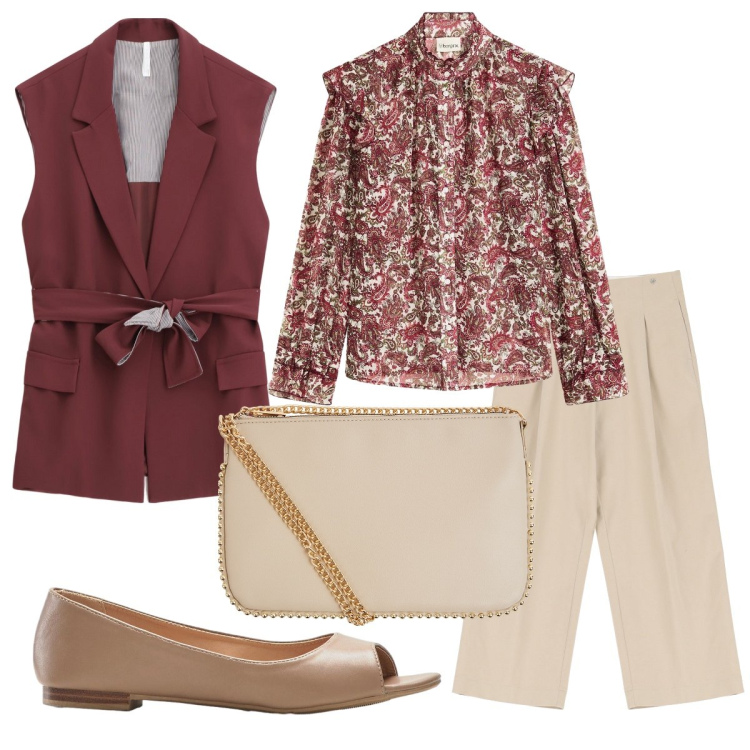Outfit donna - Il gilet di tendenza. Stile Casual chic per Ufficio. Abbinamento con ballerine, camicie, borse a tracolla, pantaloni a palazzo, gilet.