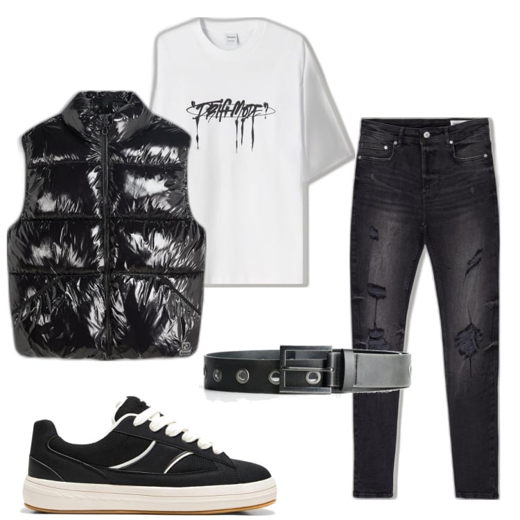 Outfit hombre - Rock band. Estilo Biker Rock para Todos los días. Combinación con chalecos, vaqueros rotos, sneakers, camiseta, cinturones.