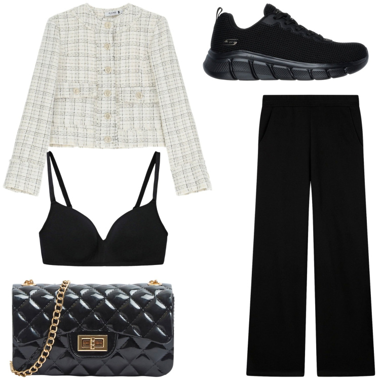 Outfit donna - Elegante casual. Stile Casual chic per Tutti i giorni. Abbinamento con borse a tracolla, reggiseni, pantaloni, blazer, sneakers.