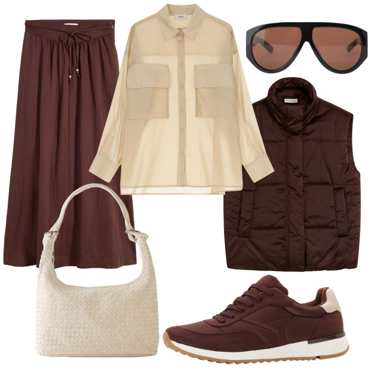 Outfit donna - I colori dell’autunno. Stile Casual chic per Ufficio. Abbinamento con piumini, gonne lunghe, shopping bag, sneakers, occhiali da sole, camicie.