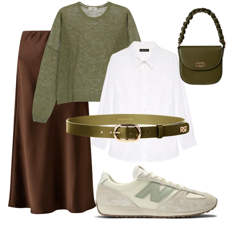 Outfit donna - Comode con stile. Stile Casual chic per Tutti i giorni. Abbinamento con sneakers, gonne longuette, cinture, borse a mano, pullovers, camicie.