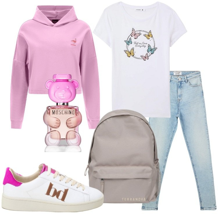 Outfit donna - Outfit per la scuola a settembre. Stile Casual per Scuola/Università. Abbinamento con profumi, jeans skinny, zaini, t-shirt, sneakers, felpe con cappuccio.