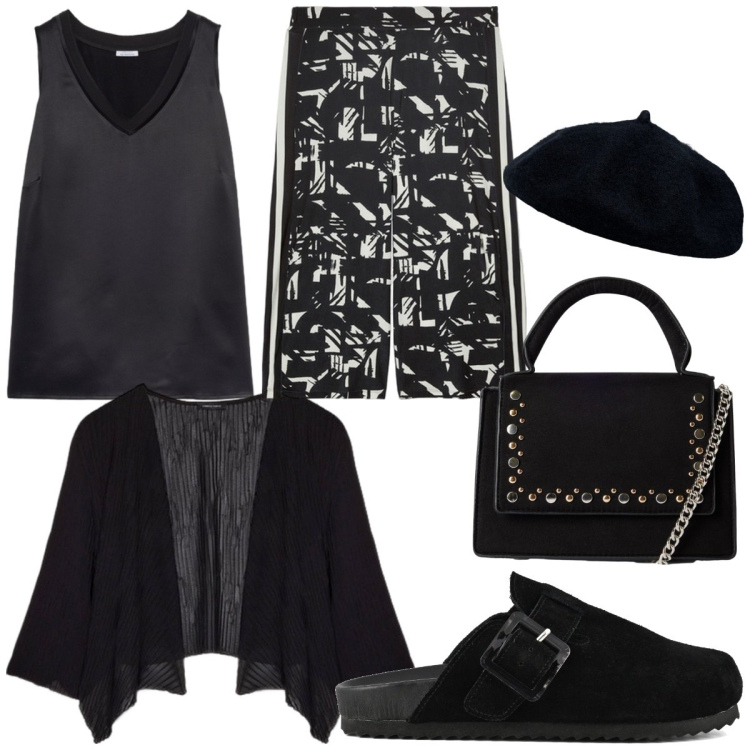 Outfit donna - Focus donna. Stile Minimal per Tutti i giorni. Abbinamento con borse a tracolla, cappelli e berretti, sabot, bolero, pantaloni, top.