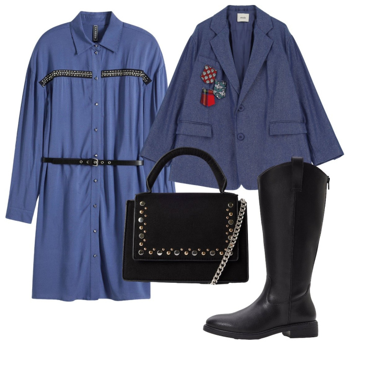 Outfit donna - Blu & nero. Stile Casual chic per Tutti i giorni. Abbinamento con vestiti, stivali, borse a tracolla, blazer.
