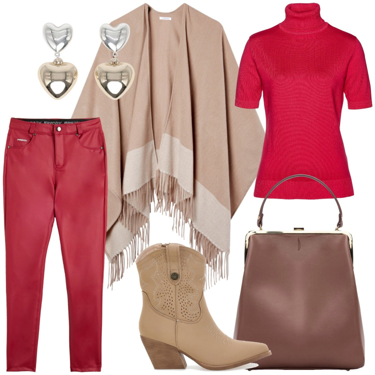 Outfit donna - Poncho fashion. Stile Glamour per Ufficio. Abbinamento con maglieria, cappe, orecchini, pantaloni skinny, stivaletti texani, borse a spalla.