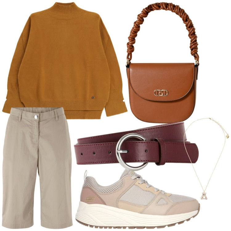Outfit donna - Rientro a scuola. Stile Basic per Scuola/Università. Abbinamento con bermuda, cinture, borse a mano, maglieria, ciondoli, sneakers.