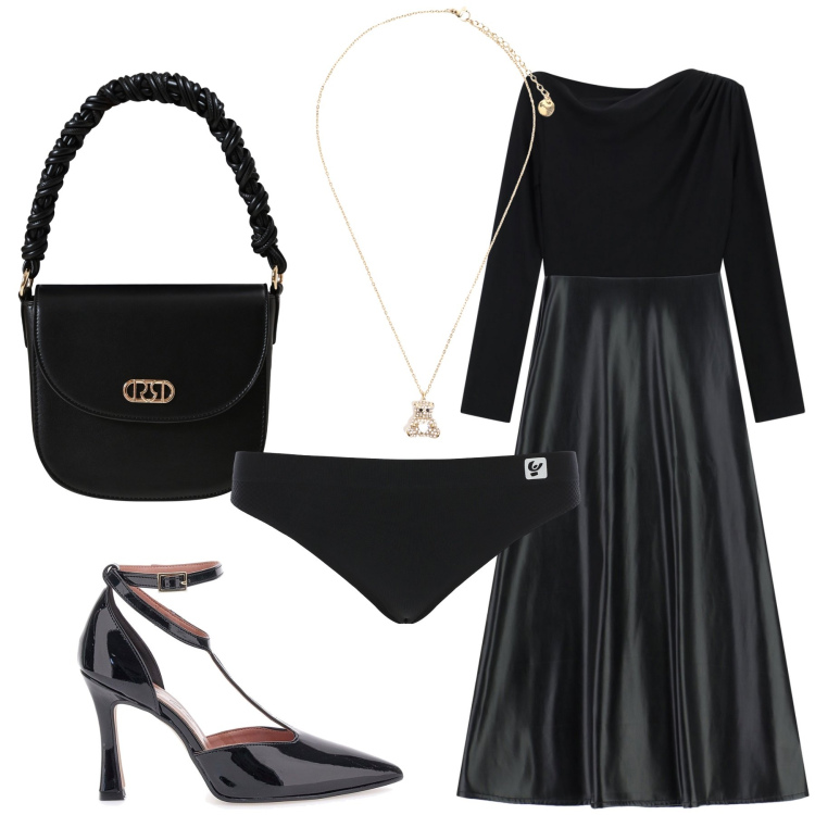 Outfit donna - Gold on the black. Stile Chic per Serata fuori. Abbinamento con borse a mano, vestiti lunghi, slip, ciondoli, décolleté.