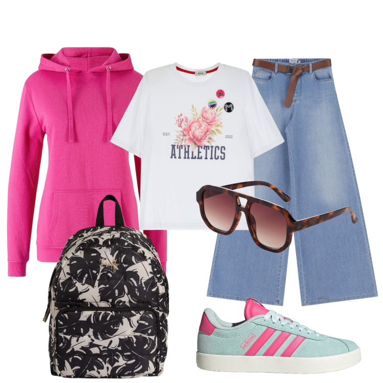 Outfit donna - Back to school. Stile Casual per Scuola/Università. Abbinamento con felpe con cappuccio, occhiali da sole, jeans, zaini, t-shirt, sneakers.