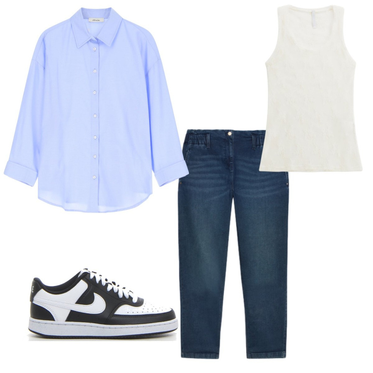 Outfit donna - Tempo libero. Stile Casual chic per Tutti i giorni. Abbinamento con canottiere, camicie, jeans, sneakers.