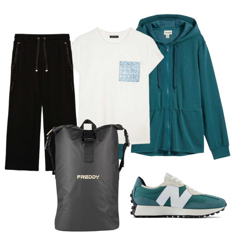 Outfit donna - Look pratico per il rientro. Stile Casual per Scuola/Università. Abbinamento con felpe con cappuccio, sneakers, borse sportive, pantaloni, t-shirt.