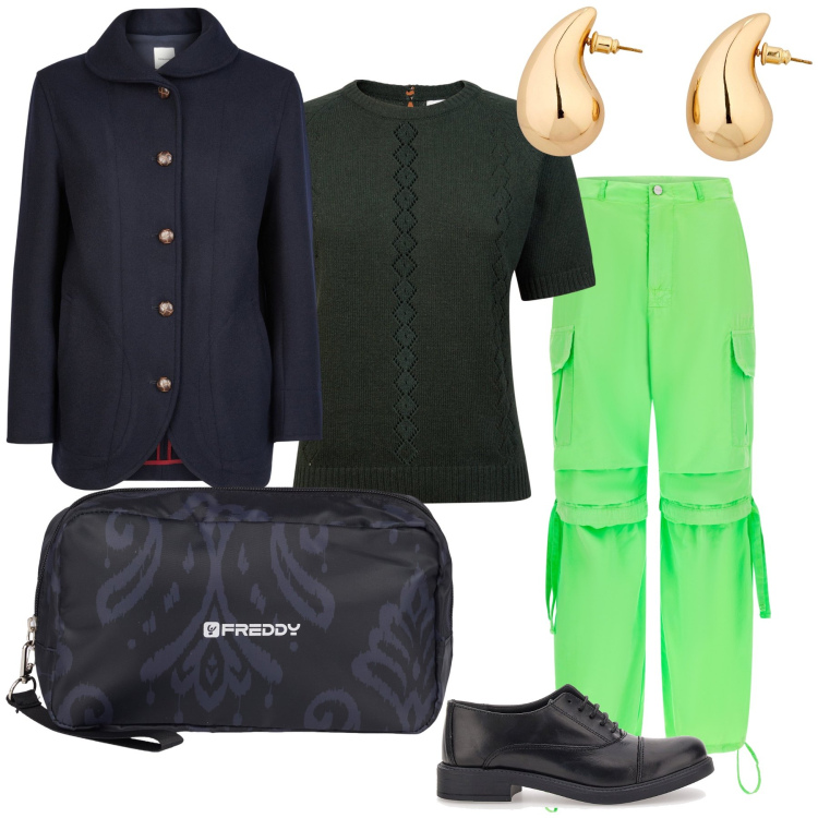 Outfit donna - Coi cargo fluo in ufficio. Stile Trendy per Ufficio. Abbinamento con orecchini, valigie, pantaloni cargo, blazer, scarpe stringate, maglieria.