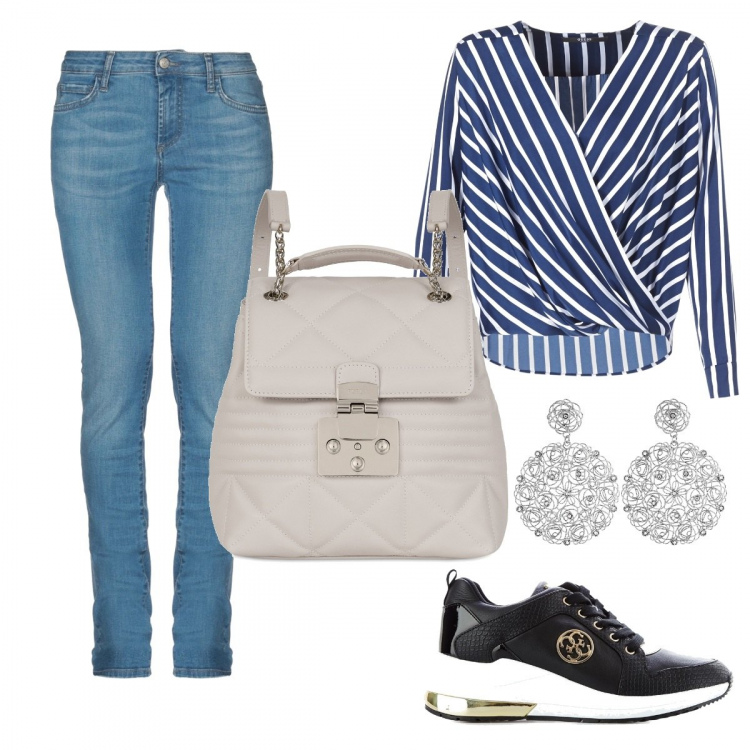 Outfit donna - Trendy con stile. Stile Trendy per Scuola/Università. Abbinamento con jeans a tubo delavé vita bassa con zip tinta unita, camicetta blu, sneakers contrasto nero, orecchini in argento 925, zaino.