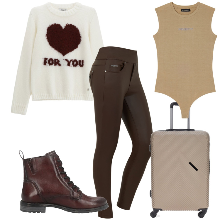 Outfit donna - Gate 16. Stile Casual chic per Tutti i giorni. Abbinamento con pullovers, jeans skinny, body, anfibi, valigie.