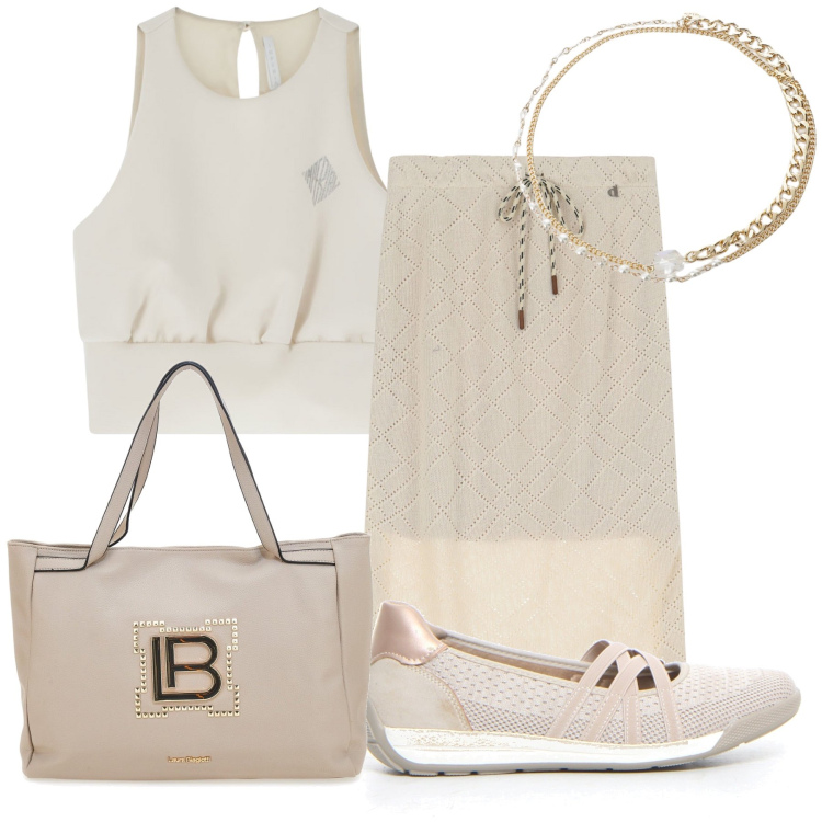 Outfit donna - In giro. Stile Basic per Tutti i giorni. Abbinamento con top, gonne, braccialetti, borse a spalla, ballerine.