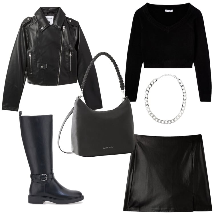 Outfit donna - Fall Total black. Stile Chic per Tutti i giorni. Abbinamento con borse a mano, minigonne, giacche, collane, maglieria, stivali sopra il ginocchio.