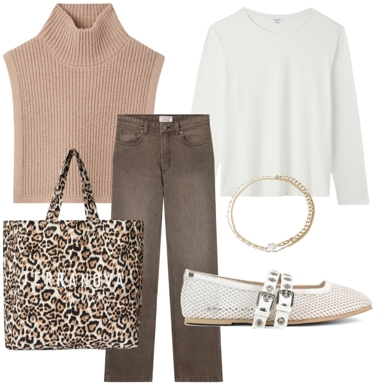 Outfit donna - Shopper tigrata. Stile Minimal per Tutti i giorni. Abbinamento con jeans bootcut, borse tote, cappotti, t-shirt, braccialetti, ballerine.