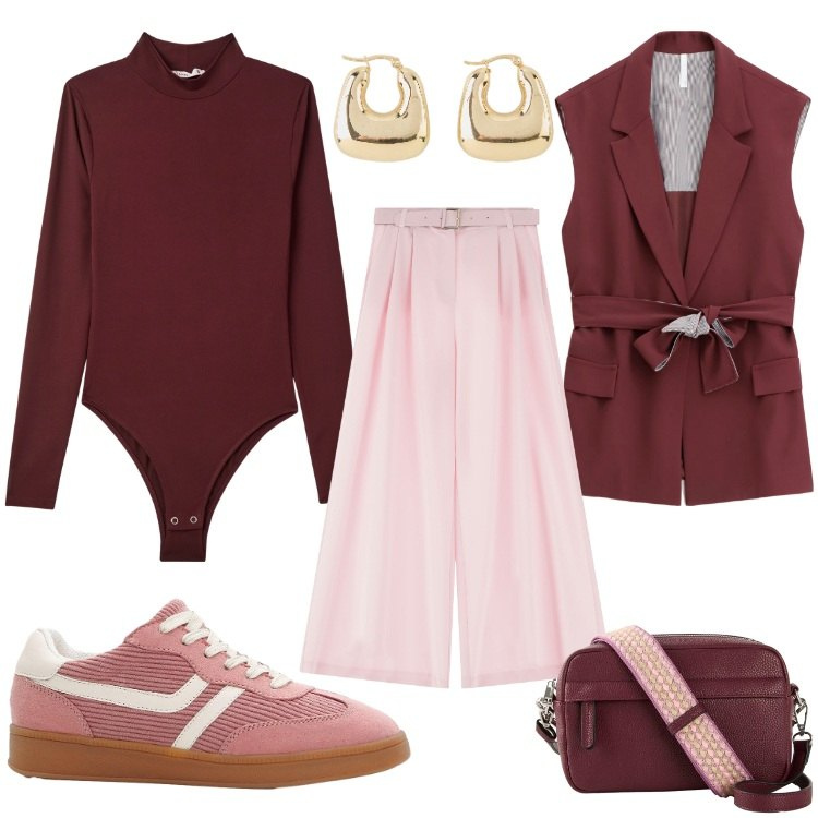 Outfit donna - Minimal chic autunnale. Stile Casual chic per Tutti i giorni. Abbinamento con orecchini, borse a tracolla, sneakers, body, pantaloni a palazzo, gilet.