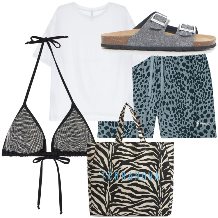 Outfit donna - Ciabatte e costume laminati. Stile Trendy per Mare. Abbinamento con borse tote, bikini, t-shirt, pantaloni corti, ciabatte.