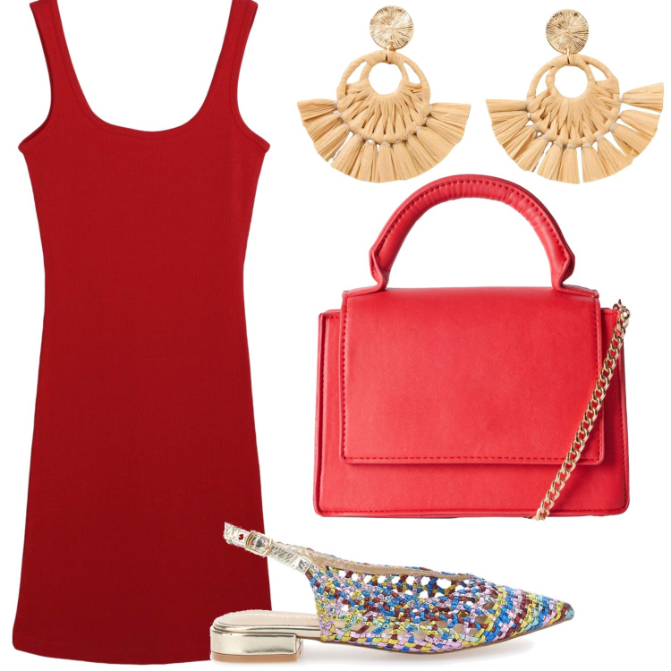 Outfit donna - Serata ancora in vacanza. Stile Trendy per Serata fuori. Abbinamento con orecchini, borse a tracolla, vestiti corti, ballerine.