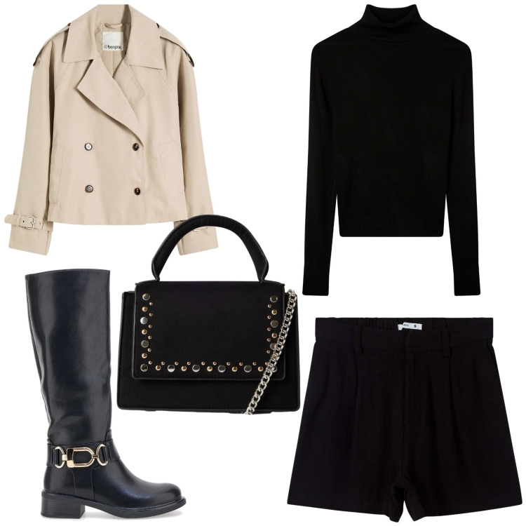 Outfit donna - Glamour. Stile Glamour per Serata fuori. Abbinamento con trench, bermuda, borse a tracolla, maglieria, stivali.
