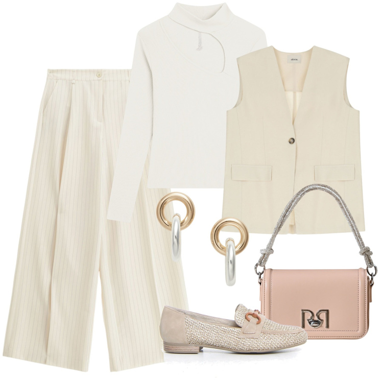 Outfit donna - Minimal chic autunnale - curvy. Stile Minimal per Ufficio. Abbinamento con borse a mano, pantaloni a palazzo, gilet, maglieria, orecchini, mocassini.