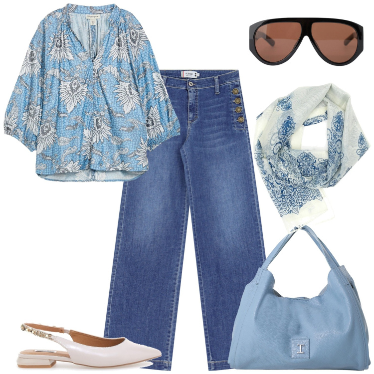 Outfit donna - Vado in ferie a settembre. Stile 70s per Tutti i giorni. Abbinamento con bluse, jeans a zampa, occhiali da sole, pochette, foulard, ballerine.