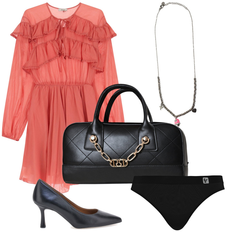 Outfit donna - Ufficio a balze. Stile Glamour per Ufficio. Abbinamento con borse a mano, perizomi, ciondoli, vestiti corti, décolleté.