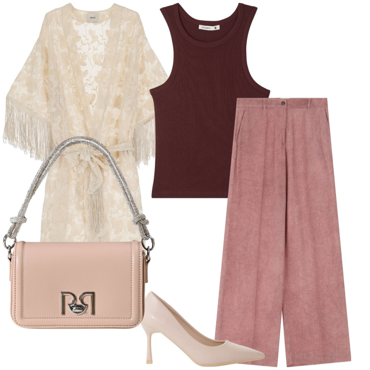 Outfit donna - Originale cardigan per cena fuori. Stile Trendy per Serata fuori. Abbinamento con top, borse a mano, pantaloni a palazzo, décolleté, cappotti.