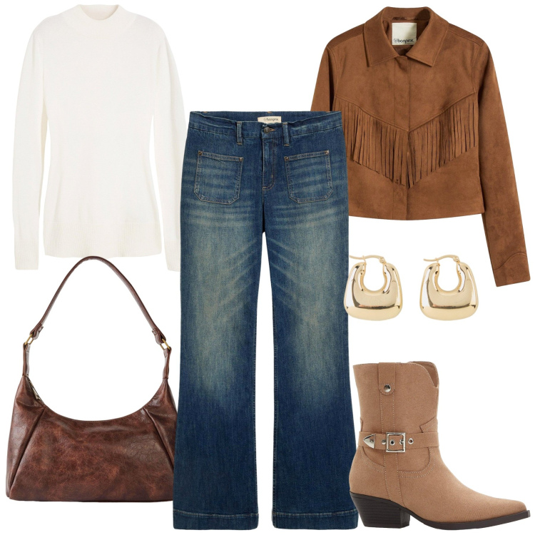 Outfit donna - Bonprix-must have autunnali. Stile 70s per Tutti i giorni. Abbinamento con blazer, stivaletti texani, maglieria, borse a mano, orecchini, jeans a zampa.