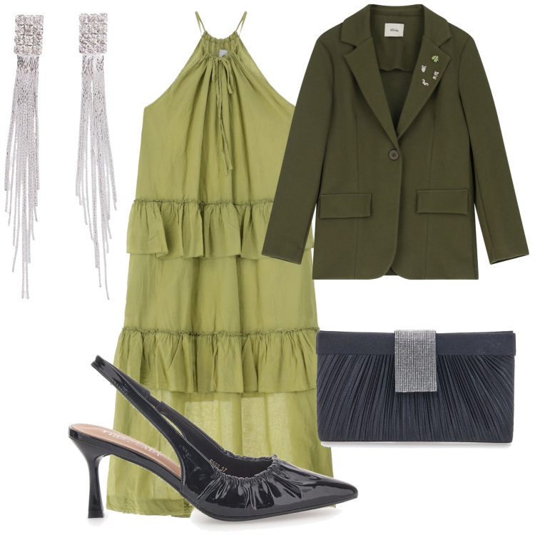 Outfit donna - Matrimonio al mattino. Stile Bon Ton per Cerimonia. Abbinamento con orecchini, vestiti lunghi, blazer, décolleté, pochette.