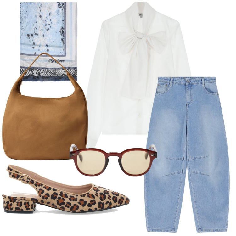 Outfit donna - Settembre ruggente. Stile Glamour per Tutti i giorni. Abbinamento con borse a mano, camicie, jeans, occhiali da sole, ballerine, foulard.