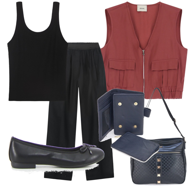 Outfit donna - Un gilet sul top per i primi freddi. Stile Urban per Tutti i giorni. Abbinamento con gilet, borse a tracolla, ballerine, portafogli, canottiere, pantaloni.