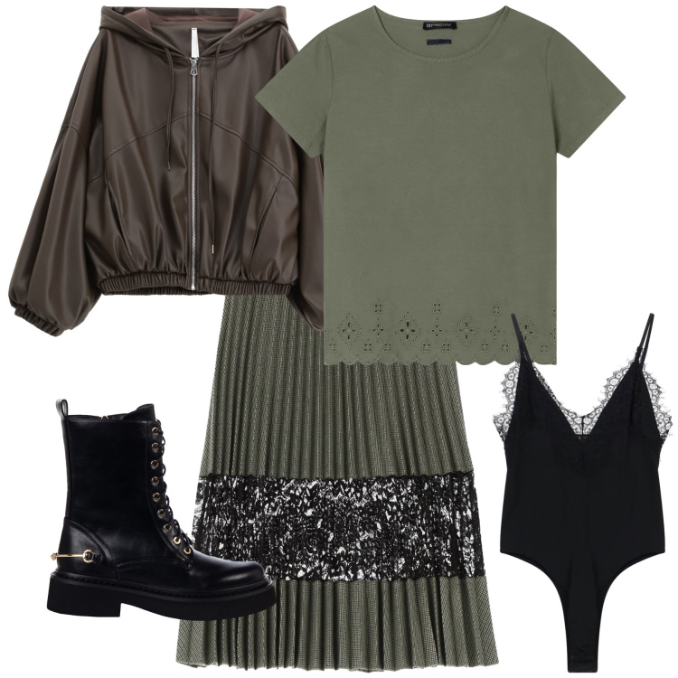 Outfit donna - Usciamo con amici. Stile Trendy per Serata fuori. Abbinamento con anfibi, bomber, gonne longuette, body, t-shirt.
