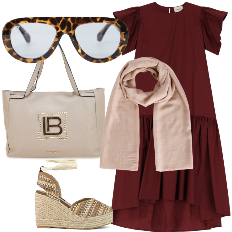 Outfit donna - Passeggiata comoda in centro. Stile Urban per Tutti i giorni. Abbinamento con foulard, occhiali da sole, vestiti asimmetrici, borse a spalla, zeppe.
