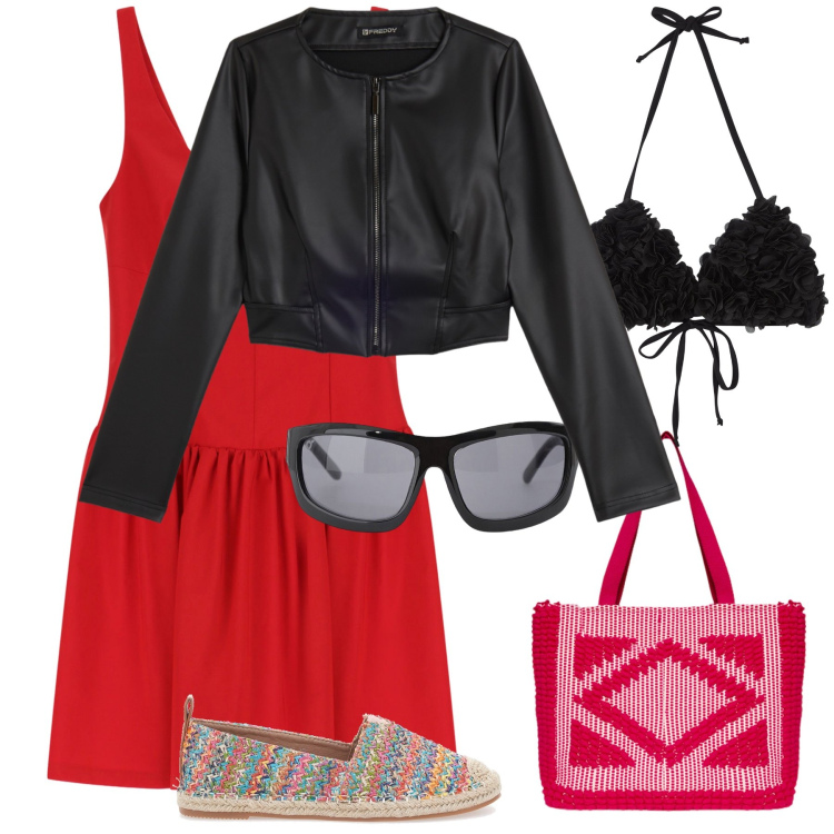 Outfit donna - Al mare ad inizio autunno. Stile Trendy per Mare. Abbinamento con bikini, vestiti corti, occhiali da sole, giacche, espadrillas, borse a mano.