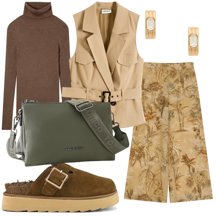 Outfit donna - Minimal o quasi. Stile Chic per Tutti i giorni. Abbinamento con borse a tracolla, gilet, maglieria, pantaloni a palazzo, orecchini, sabot.
