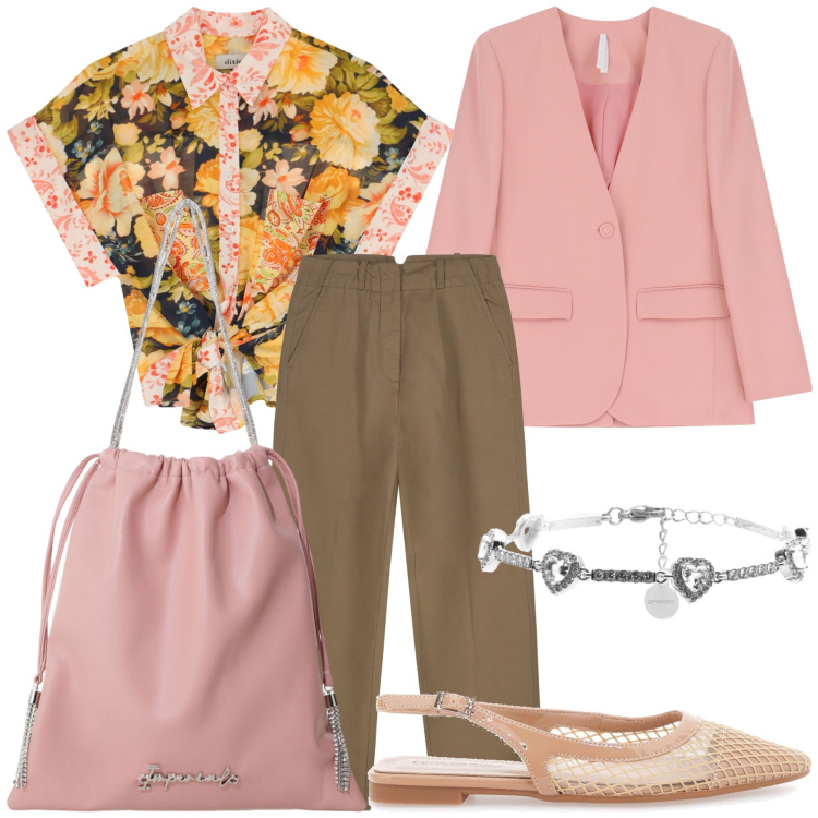 Outfit donna - La camicia particolare. Stile Chic per Ufficio. Abbinamento con borse a secchiello, blazer, camicie a manica corta, braccialetti, ballerine, pantaloni.